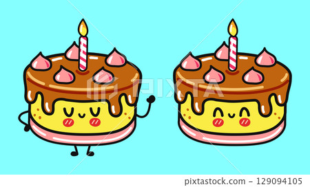 Two cute cartoon birthday cakes with candles and adorable expressions. Two cute cartoon birthday cakes with candles and adorable expressions. 129094105