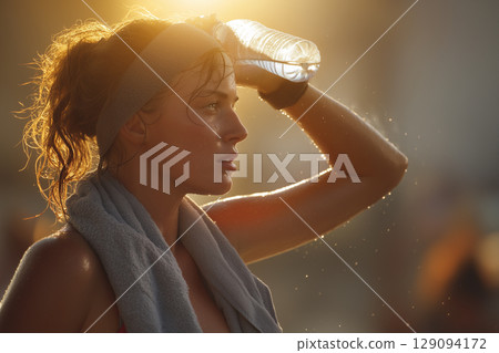 A moment after exercise in the setting sun | A moment of active women shining with sweat and light 129094172