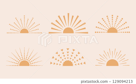 Gold modern minimalist bold half sunset, sunrise, sun raises. Cute simple abstract sun logo, label design templates, icons. 129094213
