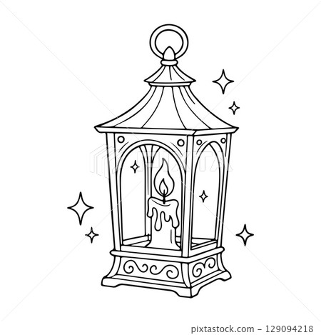 Lantern Candle outline icon line art, black and white doodle style Lantern Candle outline icon line art, black and white doodle style 129094218