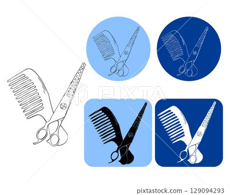 Scissors and hairbrush Salon logotype. Vector graphic line ink illustration. Sign crossed scissors and hairbrush Barbershop symbols. Design for package, cosmetic, textile, cards. 129094293