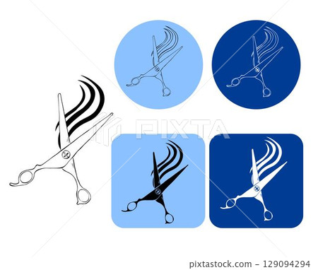 Scissors and hair sign for beauty Salon logotype.. Vector graphic line ink illustration. Silhouette sign for logo, print, comics, fashion, pop art, boards, design, stickers, decoration, posters 129094294