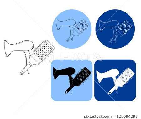 Hair Drier and brushing comb Salon logotype. Vector graphic line ink illustration. flat icon. Thin line signs of beauty for design logo, visit card, etc. For logo, web, package, sticker. Hair Drier and brushing comb Salon logotype. Vector graphic line ink illustration. flat icon. Thin line signs of beauty for design logo, visit card, etc. For logo, web, package, sticker. 129094295