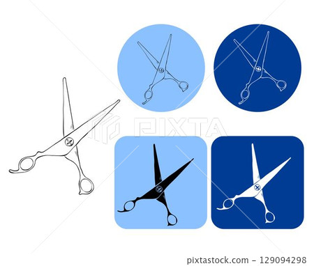 Scissors Salon logotype. Vector graphic line ink illustration. Silhouette sign for logo, print, comics, fashion, pop art, boards, design, stickers, decoration, posters Scissors Salon logotype. Vector graphic line ink illustration. Silhouette sign for logo, print, comics, fashion, pop art, boards, design, stickers, decoration, posters 129094298