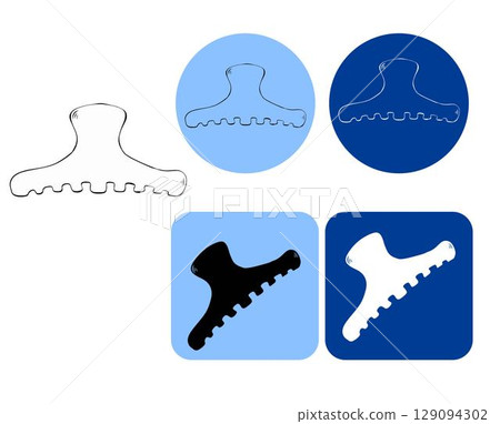 Hair clips Salon logotype. Vector graphic line ink illustration. Hairpin. Bobby pins. Hair fixation Woman hairdressing. Contour symbol. Sample poster, invitation, holiday banner, postcard. 129094302