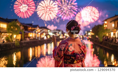 一位身著振袖和服的女子凝視著煙火 129094370
