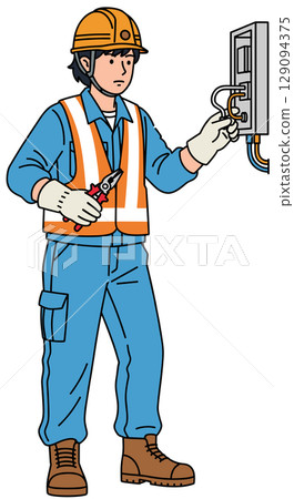 Illustration (vector) of an electrician using pliers to wire a distribution board Illustration (vector) of an electrician using pliers to wire a distribution board 129094375