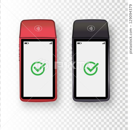 Vector 3D Realistic NFC Payment Terminal. Credit Card. Payment Machine. Template for Bank Payment Contactless Terminal. POS Terminal. Vector 3D Realistic NFC Payment Terminal. Credit Card. Payment Machine. Template for Bank Payment Contactless Terminal. POS Terminal. 129094379