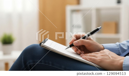 Professional businessperson writing detailed notes in spiral notebook with black pen while sitting in modern office environment with blurred kitchen background Professional businessperson writing detailed notes in spiral notebook with black pen while sitting in modern office environment with blurred kitchen background 129094513