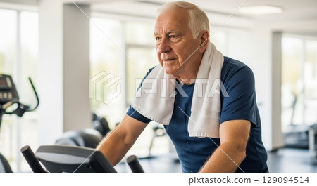 Senior caucasian man exercising on stationary bike at modern fitness center gym wearing blue athletic shirt with white towel around neck 129094514