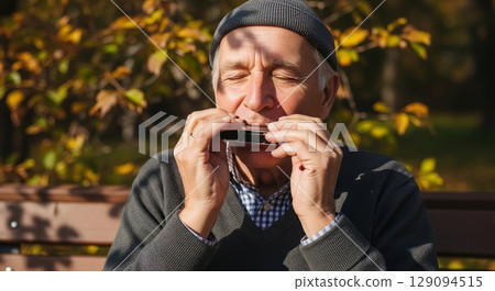 Senior Caucasian man with gray beard wearing knit beanie playing harmonica outdoors in autumn park with golden foliage background 129094515