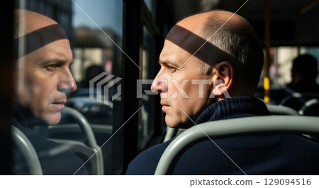 Thoughtful caucasian man with headband looking at his reflection in glass window while sitting on public transportation bus during daytime commute 129094516