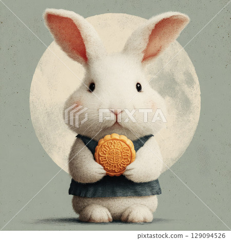 Adorable white rabbit dressed in traditional festive clothing holding a mooncake, standing in front of a golden full moon. A whimsical card illustration perfect for Mid-Autumn Festival themes 129094526
