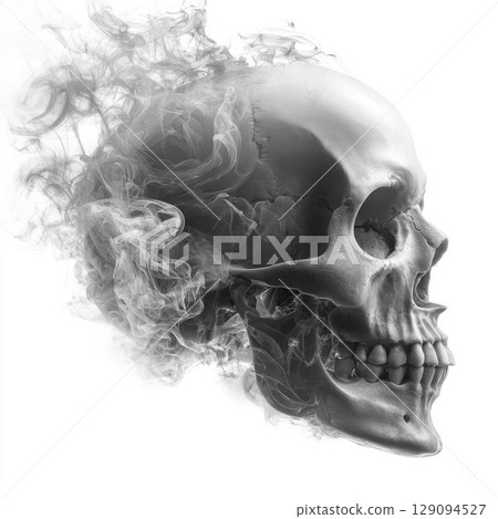 Realistic human skull with swirling gray smoke on transparent background. Dark, eerie aesthetic perfect for Halloween, horror themes, or gothic artwork 129094527