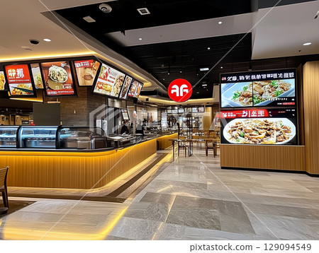 配有顯示器和數位看板的美食廣場和用餐區 配有顯示器和數位看板的美食廣場和用餐區 129094549