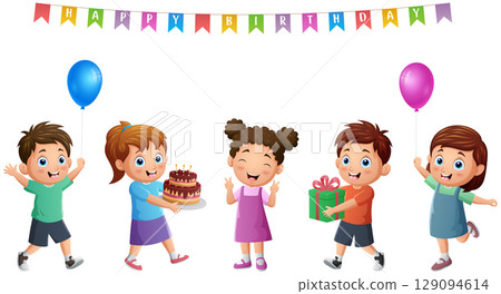 Cartoon happy kids celebrating birthday party Cartoon happy kids celebrating birthday party 129094614