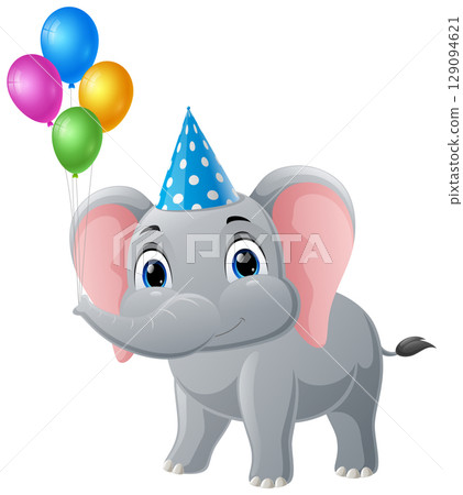 Cute elephant cartoon with party hat and balloons on white background Cute elephant cartoon with party hat and balloons on white background 129094621