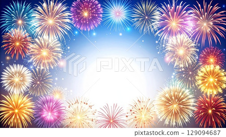 夏日煙火邊框水彩手繪風格背景素材16：9尺寸AI生成素材 129094687