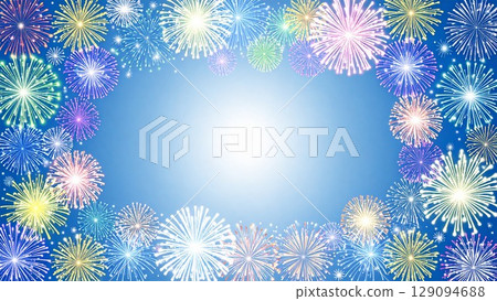 Summer fireworks frame watercolor hand-drawn style background material 16:9 size AI-generated material 129094688