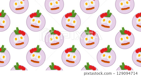 Fried eggs Sausage Greens and Tomato slices on Circle Plate Cute food faces Seamless Pattern Banner 129094714