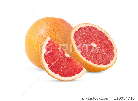 Grapefruit with cut in half isolated. Grapefruit cut and whole grapefruit. Halved ripe grapefruit. Grapefruit with cut in half isolated. Grapefruit cut and whole grapefruit. Halved ripe grapefruit. 129094716