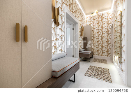 Bright Hallway Interior with Benches and Leaf Wallpaper 129094768