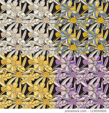 Retro floral vector background. Vintage groovy flowers. Modern pattern design for textile, wrapping paper 129094800