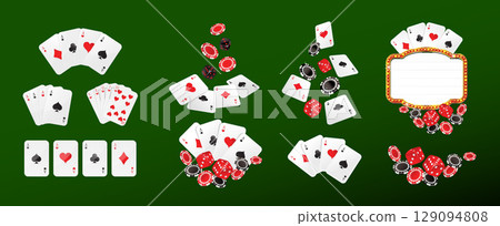 Set of Gambling Poker and card games sign and symbol. Falling aces and casino chips on white background. Set of Gambling Poker and card games sign and symbol. Falling aces and casino chips on white background. 129094808