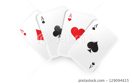 Aces playing cards four poker game. Vector Isolated realistic gambling card. Clubs and spaces, hearts and diamonds casino card. Black and Red suits Aces playing cards four poker game. Vector Isolated realistic gambling card. Clubs and spaces, hearts and diamonds casino card. Black and Red suits 129094815