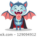 Happy Cartoon Vampire Bat with Lollipop. 129094912