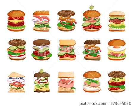 Burger and sandwich ingredients. Layered fast food, snack components, sliced meat, fresh vegetables, cheese between toasts, buns, menu assortment, cartoon flat style isolated tidy vector set 129095038