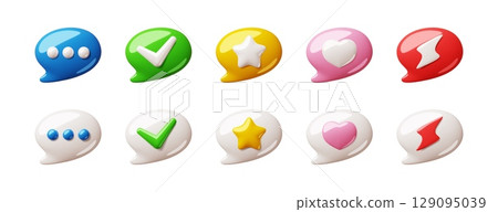 Cartoon 3d speech bubbles. Different simple symbols in dialogue boxes, rounded glossy shapes design, social media communication signs, star and heart symbols, render isolated classy vector set 129095039
