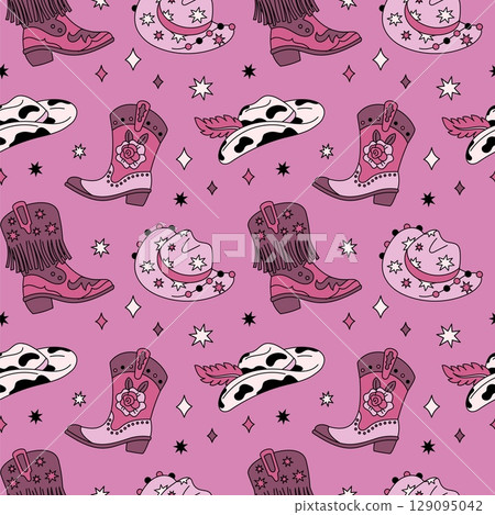 Cowgirl boots seamless pattern. Pink glamour country elements, trendy rodeo hats, cowboy boots, wild west fashion textile, wrapping paper, wallpaper. Print for fabric garish vector background Cowgirl boots seamless pattern. Pink glamour country elements, trendy rodeo hats, cowboy boots, wild west fashion textile, wrapping paper, wallpaper. Print for fabric garish vector background 129095042