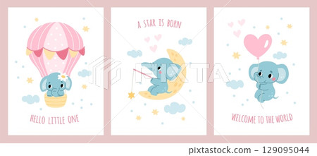 Cute elephants. Little animals, welcome cards for newborns, delicate design, baby birthday prints, nursery room posters, adorable creature cartoon flat style isolated garish vector set 129095044
