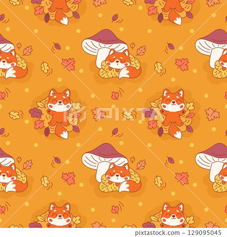 Cute fox seamless pattern. Repeated funny redheads animals, autumn season elements, yellow leaves, mushroom. Textile, wrapping paper, wallpaper. Print for fabric garish vector orange background Cute fox seamless pattern. Repeated funny redheads animals, autumn season elements, yellow leaves, mushroom. Textile, wrapping paper, wallpaper. Print for fabric garish vector orange background 129095045