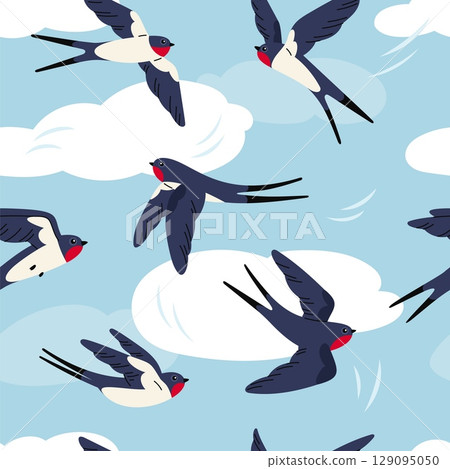 Flying swallows seamless pattern. Repeated little birds with red breasts, feathered creatures in sky with clouds. Textile, wrapping paper, wallpaper. Print for fabric garish vector background Flying swallows seamless pattern. Repeated little birds with red breasts, feathered creatures in sky with clouds. Textile, wrapping paper, wallpaper. Print for fabric garish vector background 129095050
