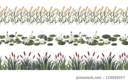 Reed borders. Pond or lake plants seamless lines, river wild botany, water flora leaf, swamp aquatic natural decorative isolated elements, summer landscape objects, tidy vector concept 129095057
