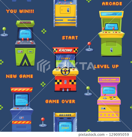 Retro game machines seamless pattern. Repeated arcade and racing automates, nostalgic technic, entertainments. Wrapping paper, wallpaper. Print for fabric, classy vector background Retro game machines seamless pattern. Repeated arcade and racing automates, nostalgic technic, entertainments. Wrapping paper, wallpaper. Print for fabric, classy vector background 129095059