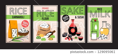 Rice products cards. Different food from grain culture, flour and sake, alternative milk, plant based meal, natural organic product, packaging label design, healthy nutrition, tidy vector set 129095061