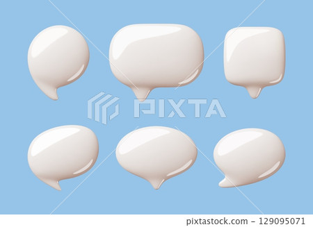 Cartoon 3d speech bubbles. Blank glossy text boxes, different shapes, communication three dimensional elements, templates, round and square balloons, classy vector render isolated set 129095071