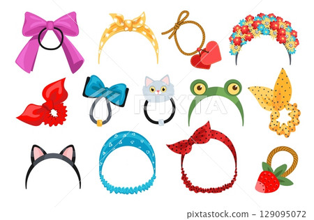 Cartoon hair rubber bands. Female accessories, decorative funny scrunchies and color patterned headbands, women and kids fashion, flowers and ribbon bows, splendid vector isolated set 129095072