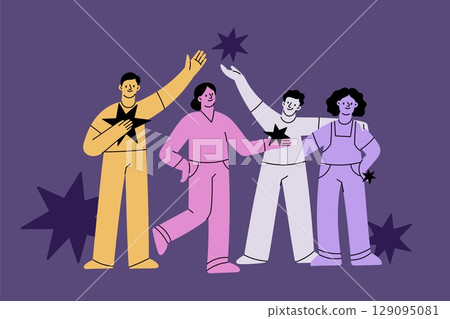 Doodle people group. Young creative specialists team, funny guys, girls and boys hold stars, successful startup, happy workers together, cartoon flat style isolated garish vector concept 129095081