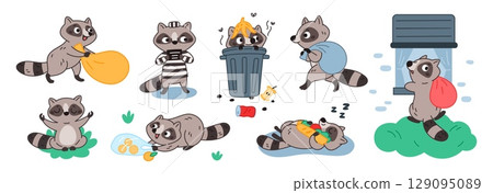 Funny raccoon characters. Cartoon animals, little garbage thieves, wild striped mammals, different actions in various poses, happy mascot, criminal burglar, garish vector isolated set 129095089
