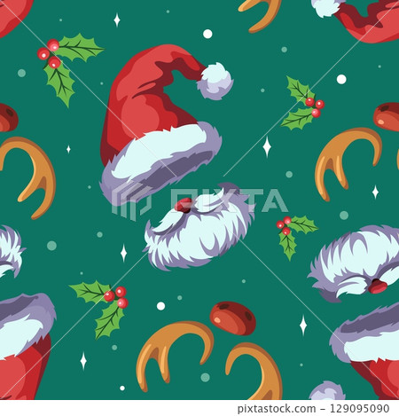 Funny winter hats seamless pattern. Repeated christmas accessories, santa hat with beard, deer antlers and red nose. Decor textile, xmas wrapping, wallpaper. Print for fabric vector background 129095090