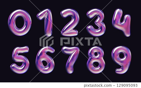 Holographic cartoon 3d numbers. Metallic pink colors, plump voluminous purple shapes, chrome balloons, birthday parties symbol, bubble helium glossy elements classy vector isolated set 129095093