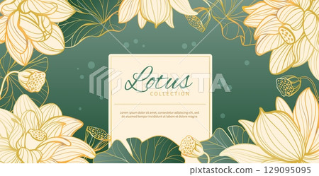Lotus frame background. Line art floral design, fine hand drawn flowers, elegant water lily, luxury golden outlines, frame with copy space. Japanese traditional banner splendid vector concept Lotus frame background. Line art floral design, fine hand drawn flowers, elegant water lily, luxury golden outlines, frame with copy space. Japanese traditional banner splendid vector concept 129095095