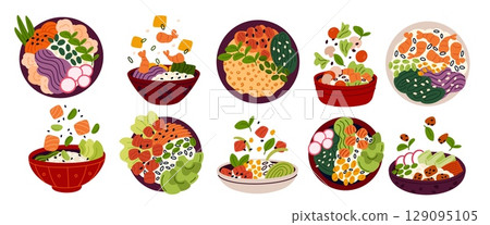 Poke bowls top and side views. Light balanced meals, healthy sport food, asian style cuisine, salmon and shrimp, fresh vegetables on rice, menu elements, garish vector cartoon isolated set 129095105