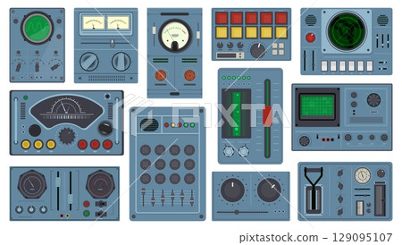Retro control panels. Space ship dashboards, sliders, tuners and buttons, vintage analog indicators, scales, dials, arcade game screen, different interface design, qualitative vector set 129095107