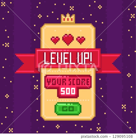 Retro game screen. Pixel ribbon with level up inscription, 8 bit asset interface, mobile app design, playing progress, heart symbol and score, old technology qualitative vector arcade concept Retro game screen. Pixel ribbon with level up inscription, 8 bit asset interface, mobile app design, playing progress, heart symbol and score, old technology qualitative vector arcade concept 129095108