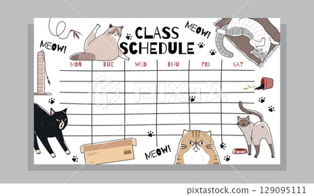 School schedule with cute cats. Training glider design, funny animalistic template, kids weekly planner, notes list, kawaii animals timetable, cartoon flat isolated tidy vector concept 129095111